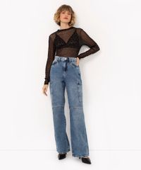 calça jeans wide leg slim cargo cintura alta azul médio