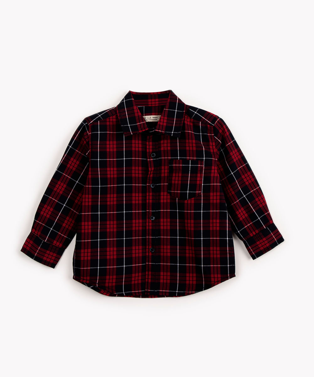 camisa infantil xadrez com bolso manga longa vermelho