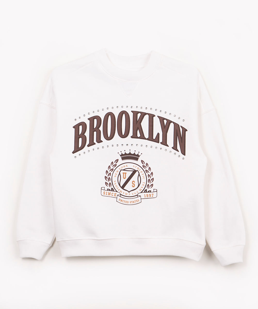 blusão juvenil de moletom brooklyn college off white