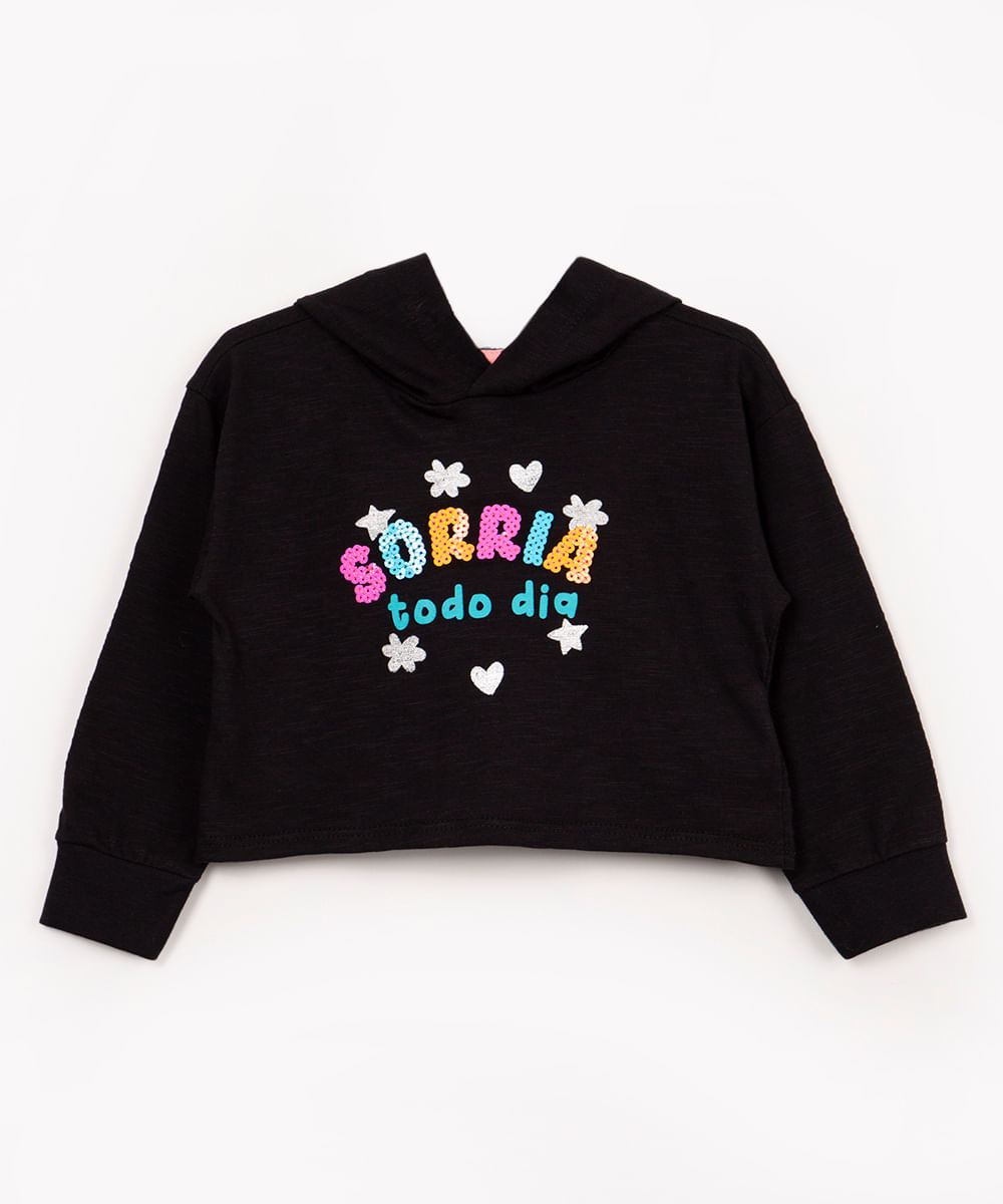 blusa infantil cropped sorria manga longa com capuz preto