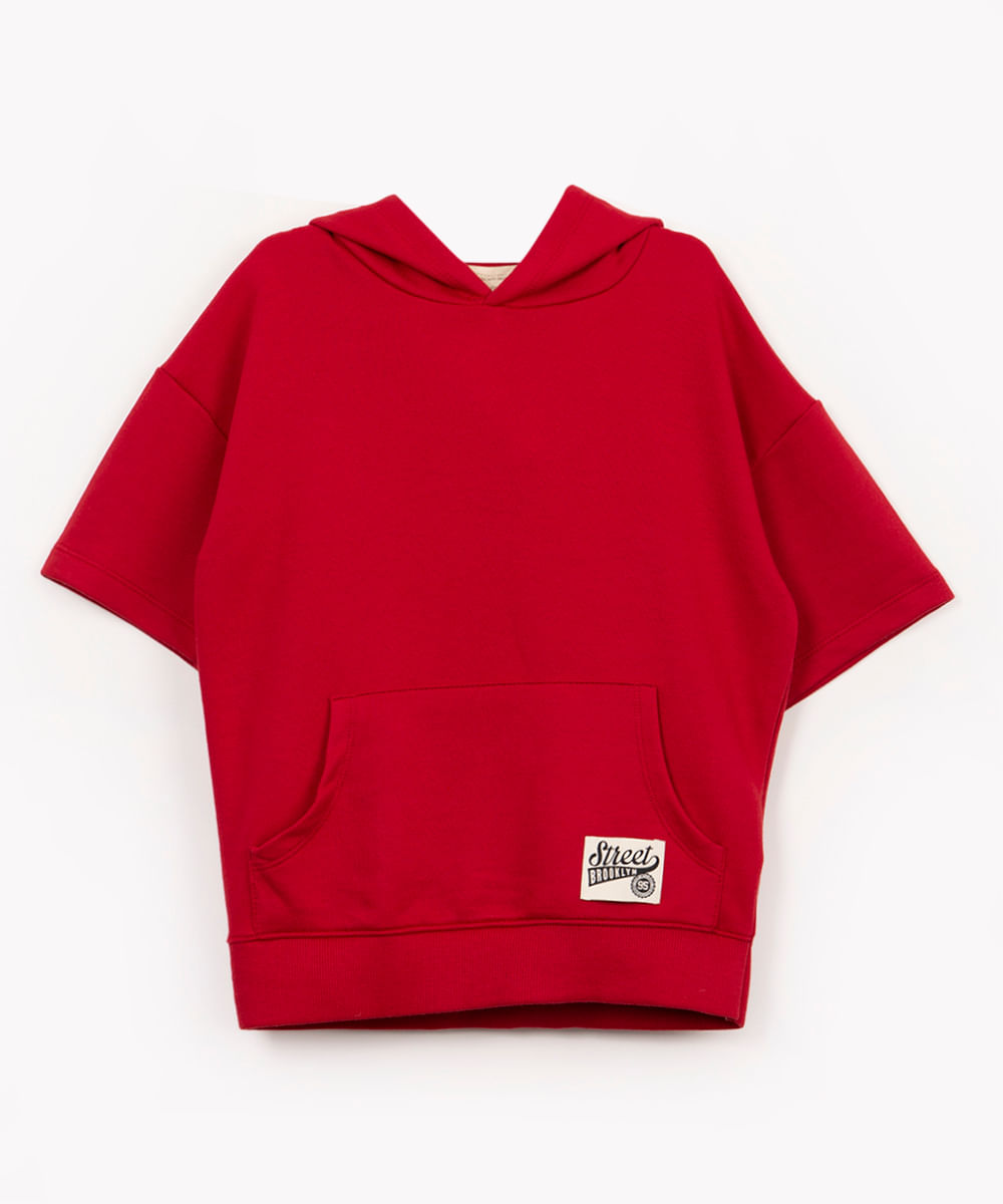 camiseta infantil moletinho com bolso e capuz vermelho