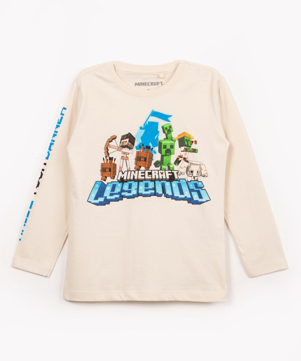 camiseta infantil minecraft legends manga longa bege claro