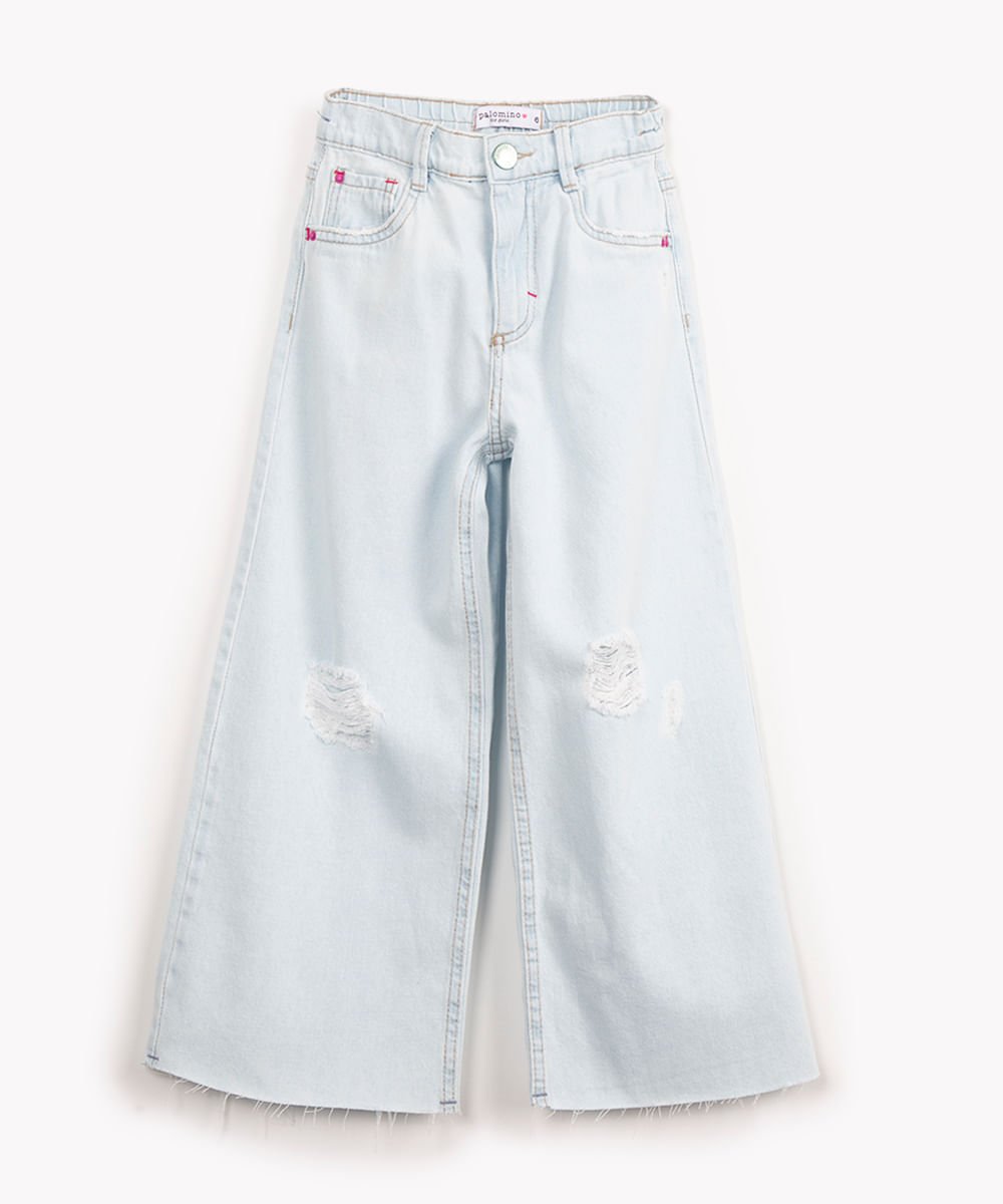 calça wide leg jeans infantil destroyed azul claro