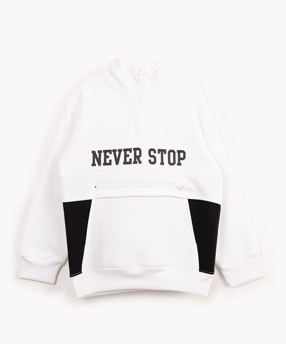 blusão de moletom infantil com capuz never stop branco