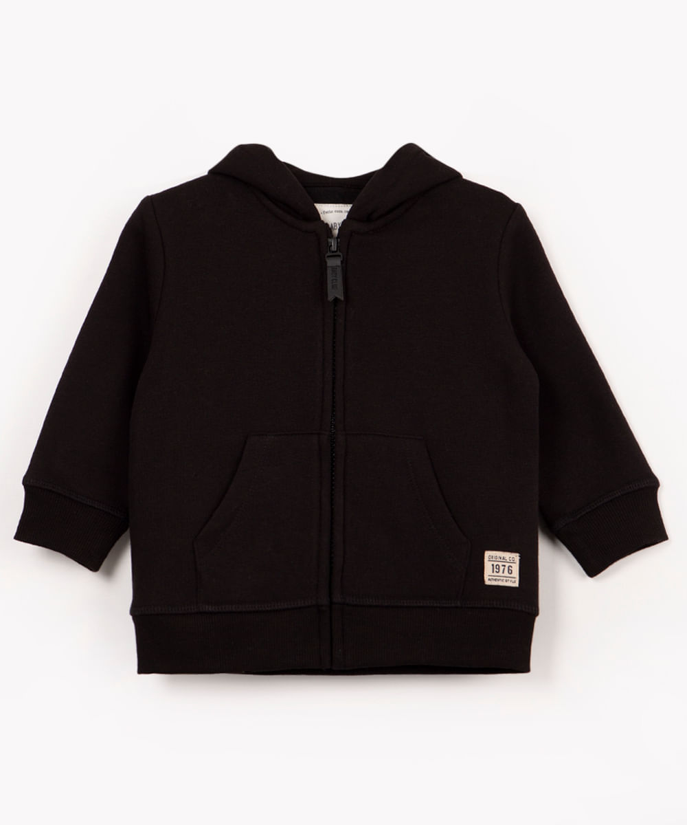 blusão infantil de moletom com capuz e bolso azul marinho - preto