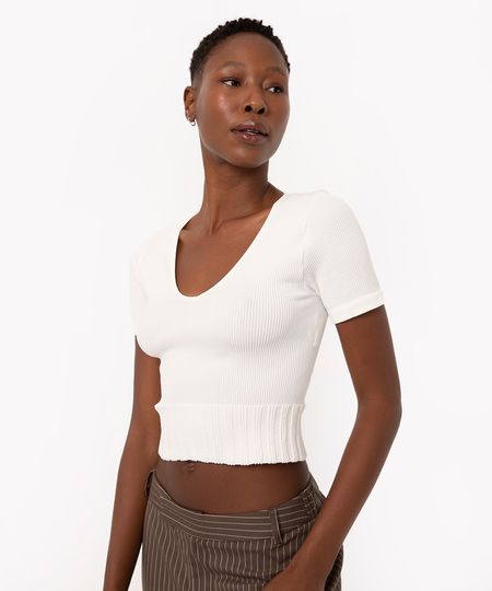 cropped de poliamida decote v manga curta off white