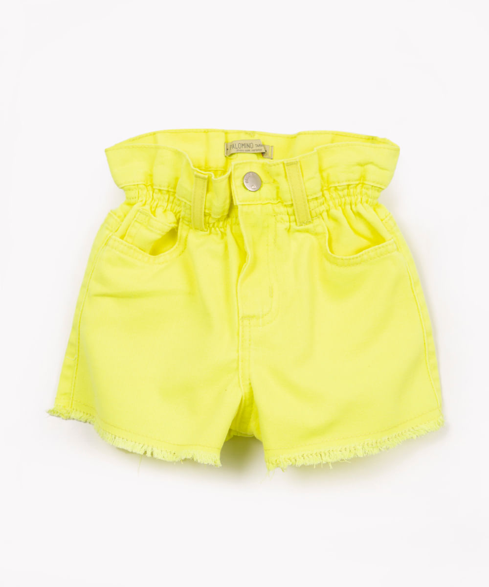 short jeans infantil clochard com bolsos amarelo neon