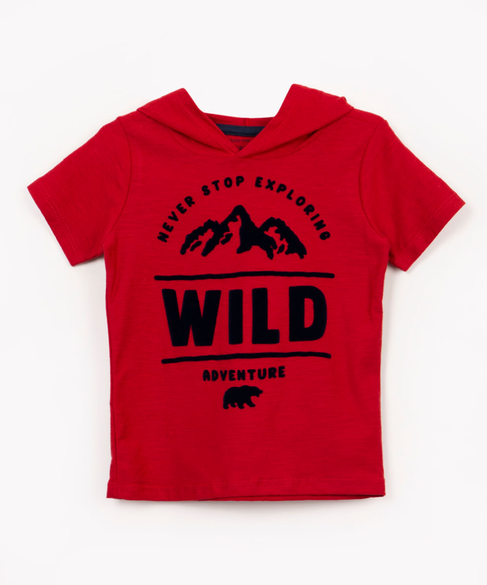 camiseta infantil wild flocado com capuz manga curta vermelho escuro