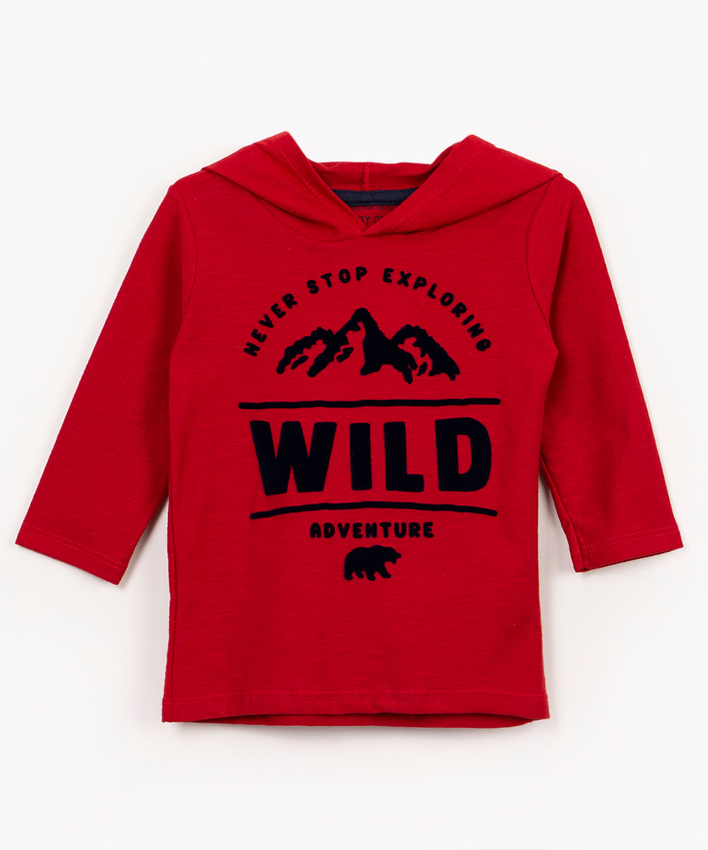 camiseta de algodão infantil wild flocado com capuz manga longa vermelho