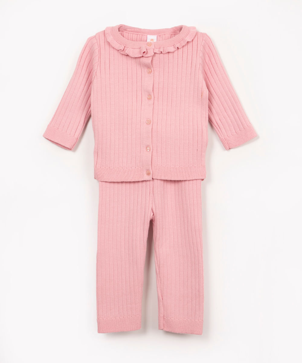 conjunto infantil de tricot longo texturizado rosa claro