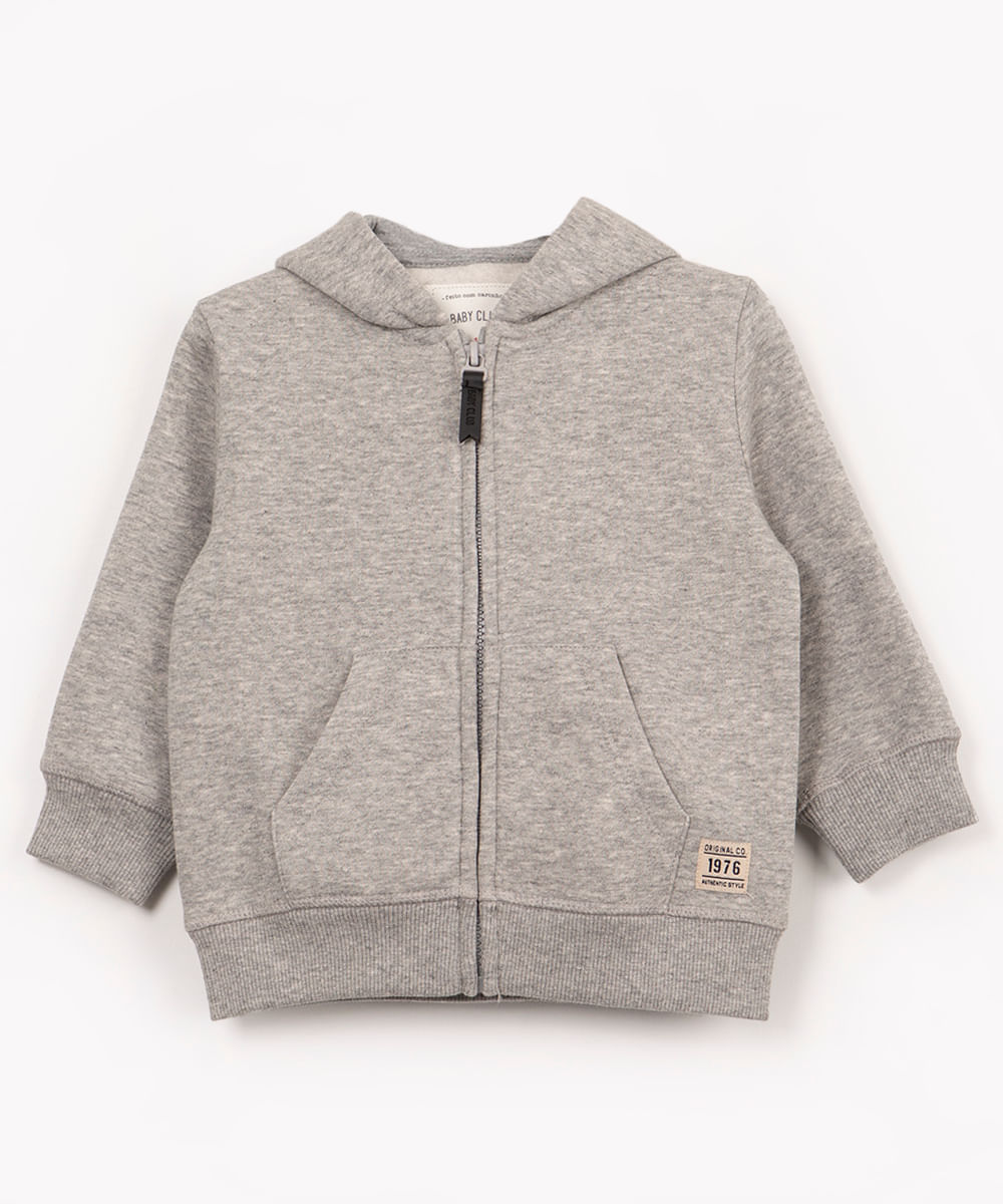 blusão infantil de moletom com capuz e bolso azul marinho - cinza mescla