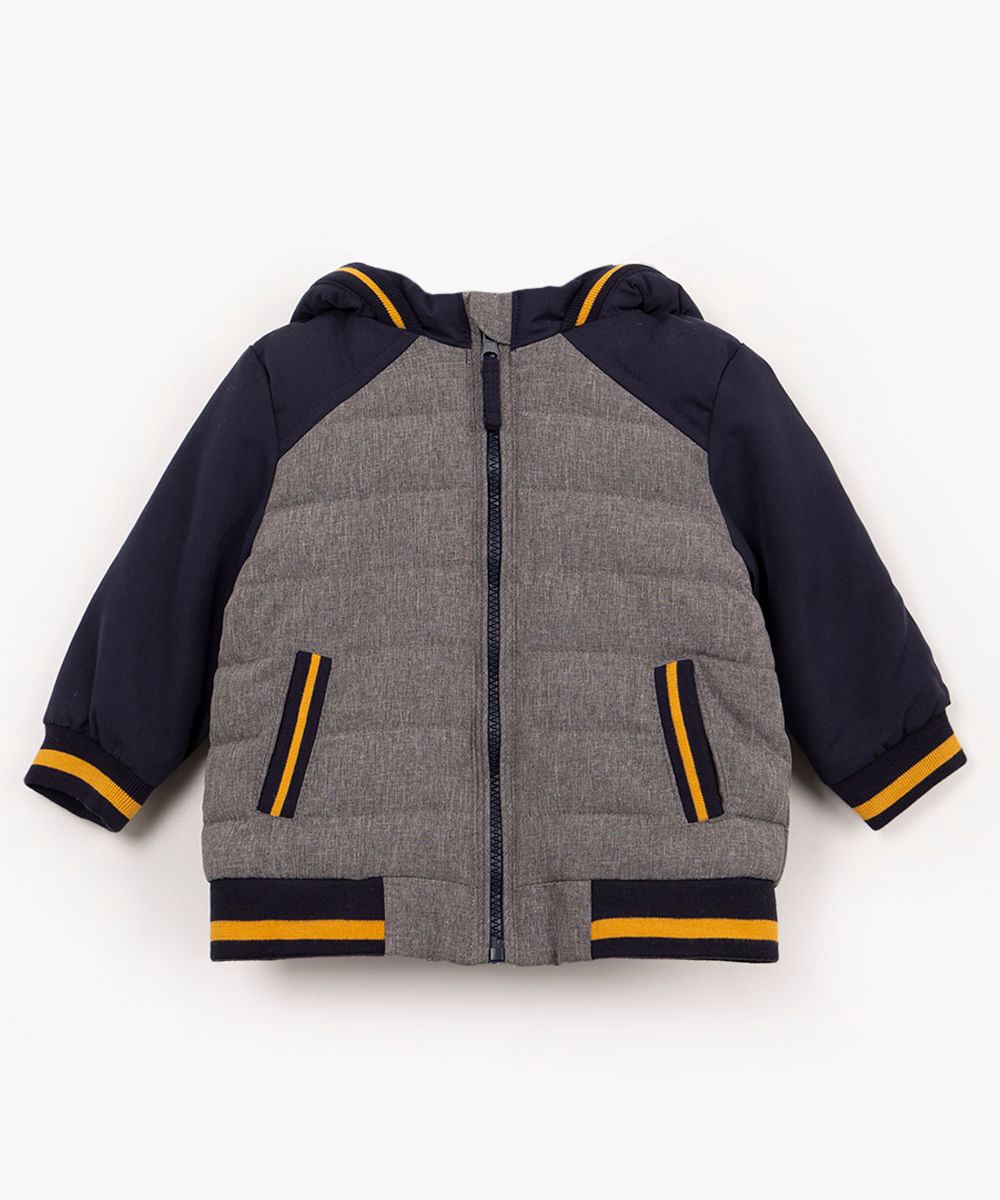 jaqueta puffer infantil raglan com capuz cinza