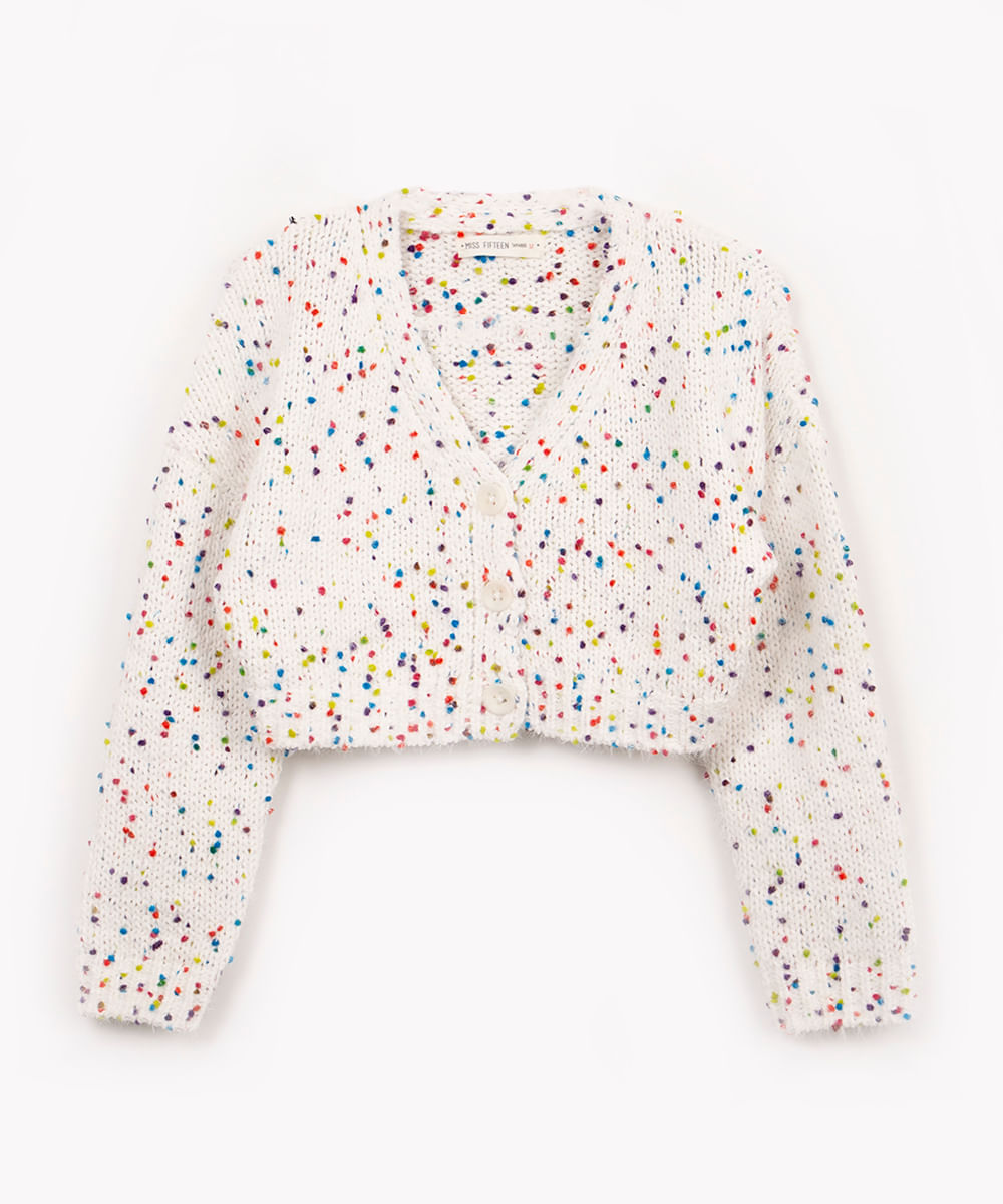 cardigan cropped juvenil de tricot pipoca manga longa off white