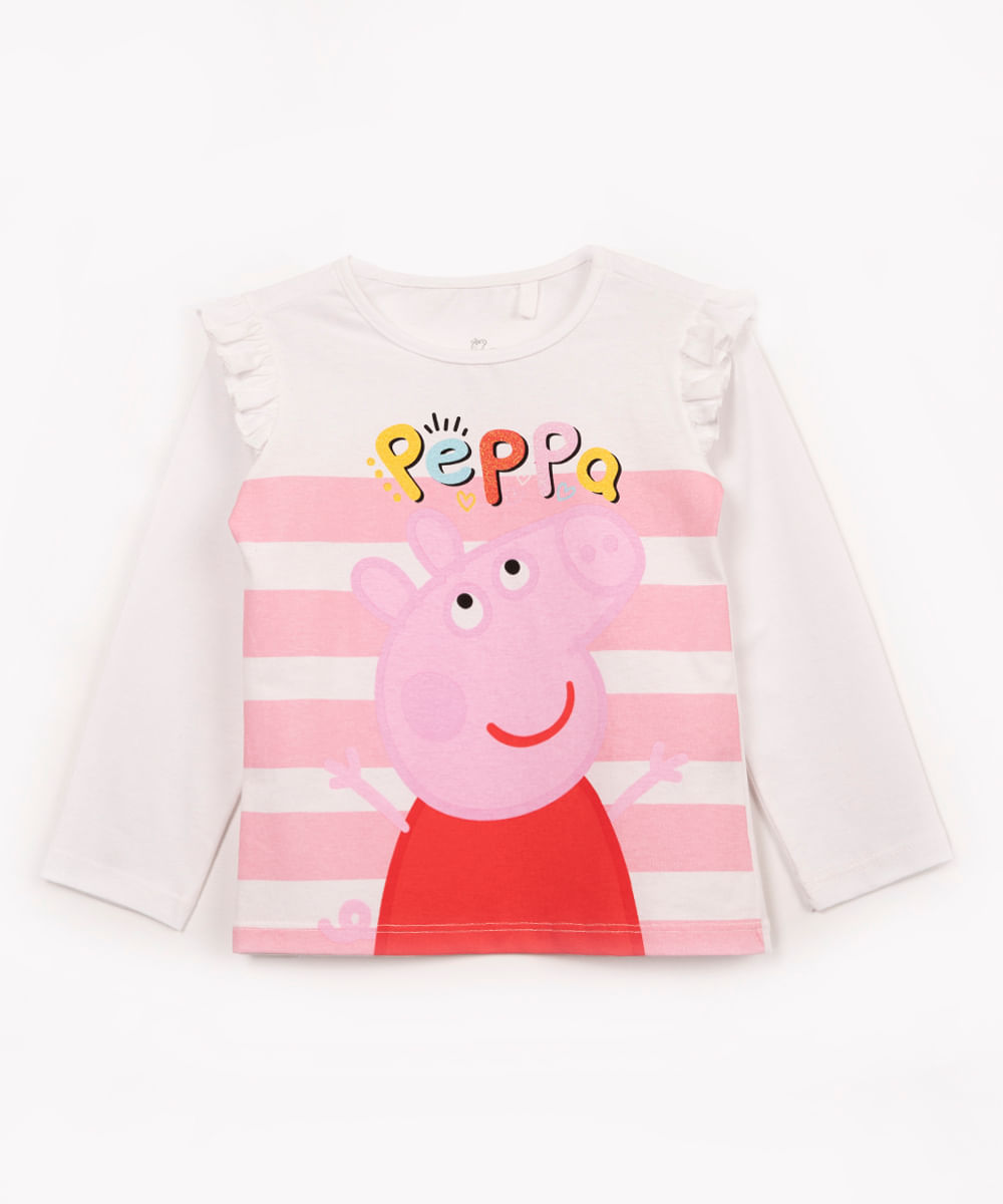 camiseta infantil peppa pig listrada com babado manga longa off white