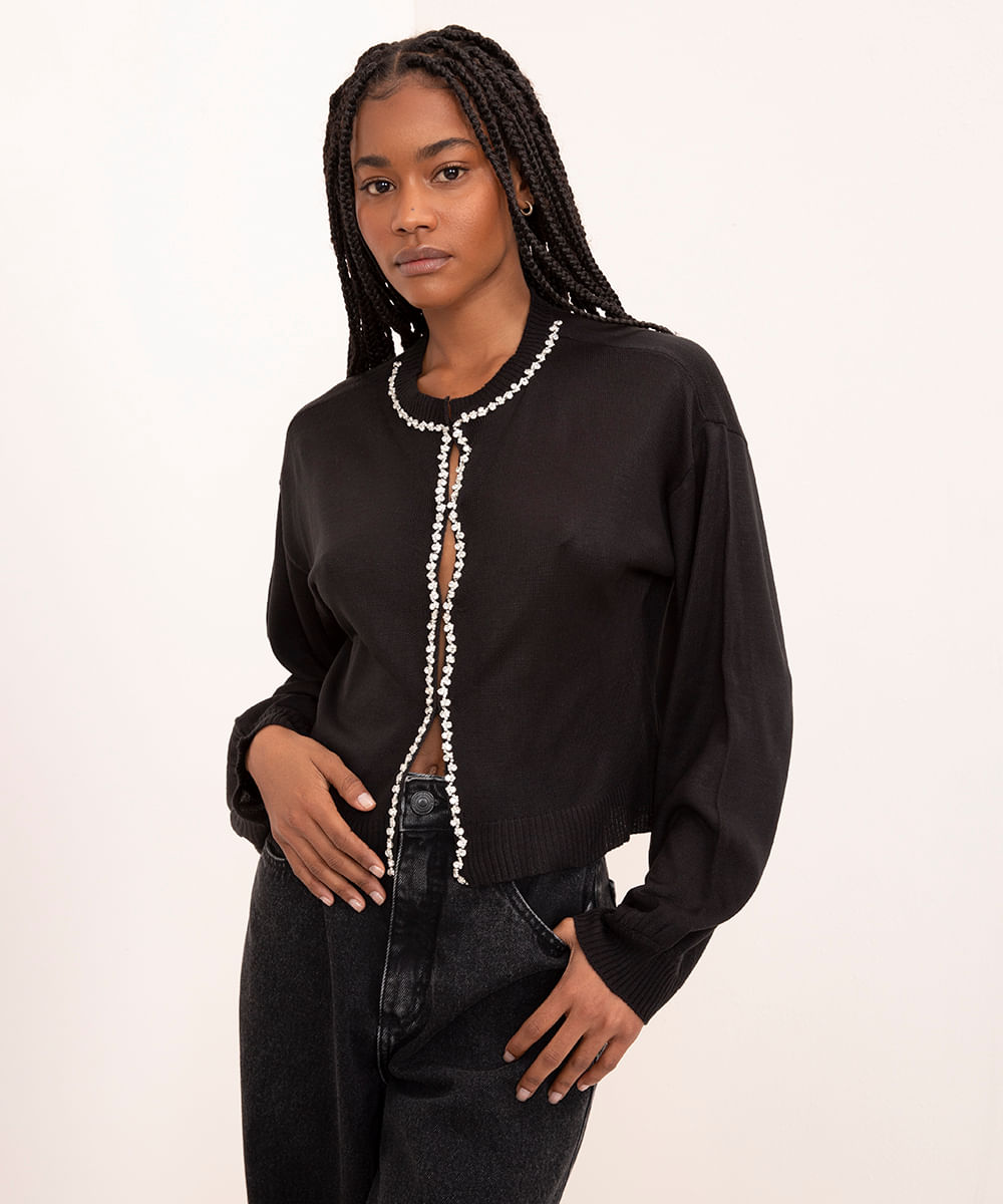 cardigan de tricot strass mindset preto