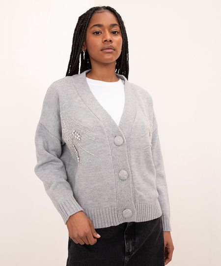cardigan de tricot bordado pedrarias mindset cinza PP cardigan de tricot bordado pedrarias mindset cinza PP
