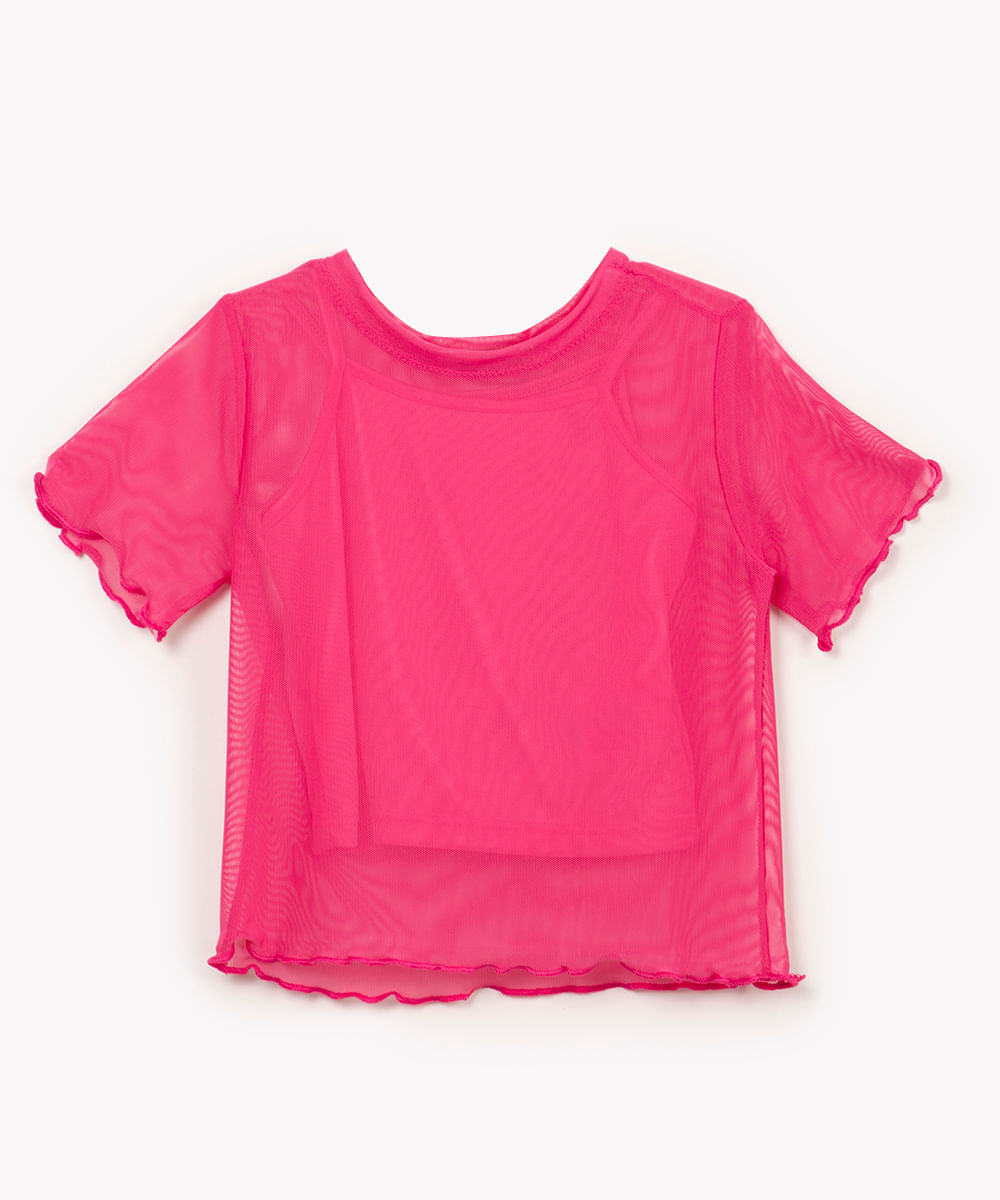 blusa infantil de tule manga curta rosa