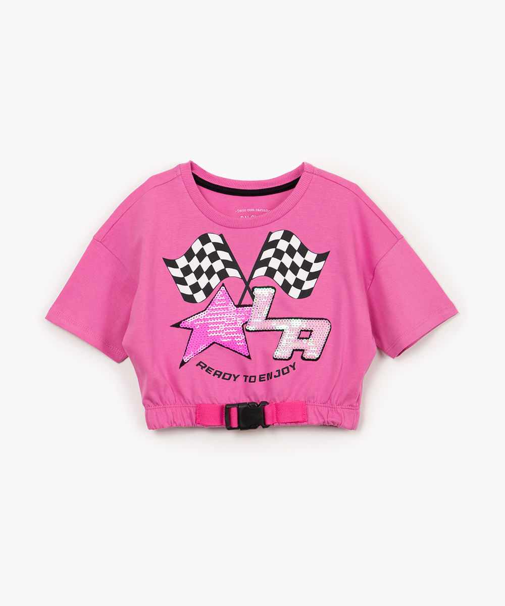 cropped infantil de algodão racing paetê pink