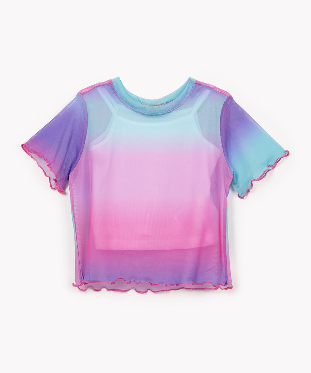 blusa infantil de tule degradê manga curta colorido