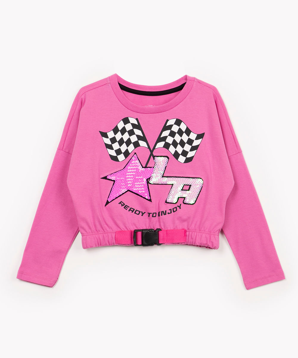 blusa infantil racing manga longa rosa