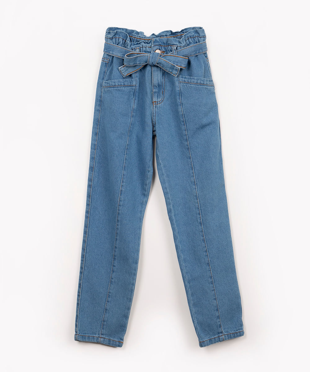 calça clochard jeans infantil com cinto azul