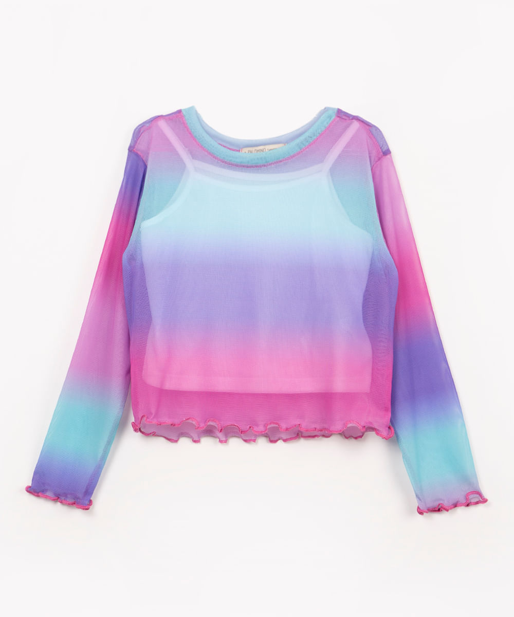 blusa infantil de tule degradê manga longa colorido