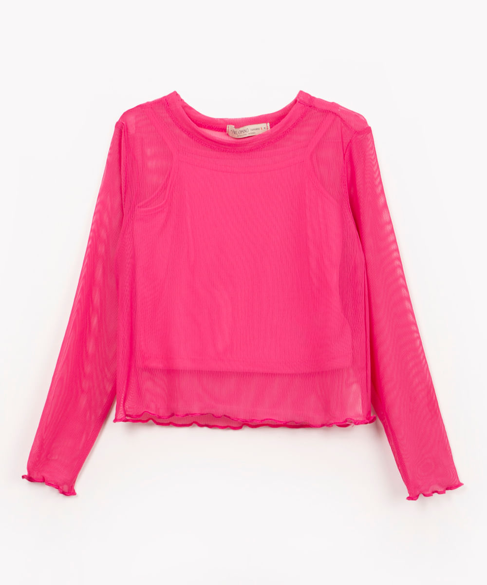 blusa infantil de tule manga longa rosa