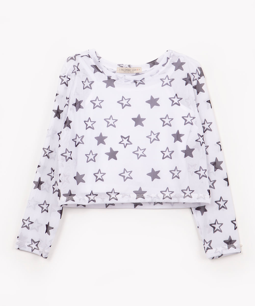 blusa de tule infantil estrelas manga longa off white