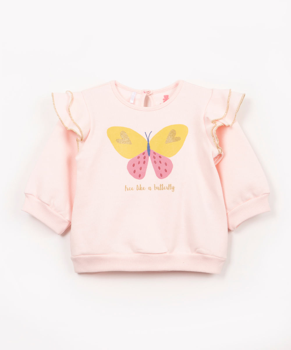 blusa de moletom infantil borboleta com babado e brilho rosa