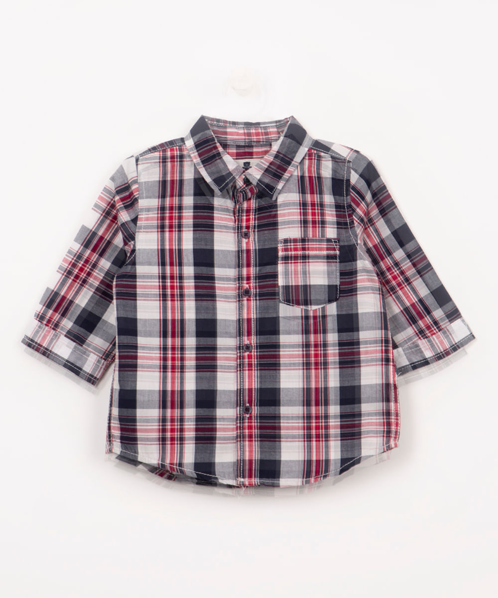 camisa infantil xadrez com bolso manga longa vermelho