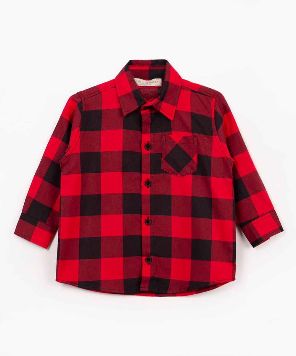 camisa infantil xadrez com bolso manga longa vermelho