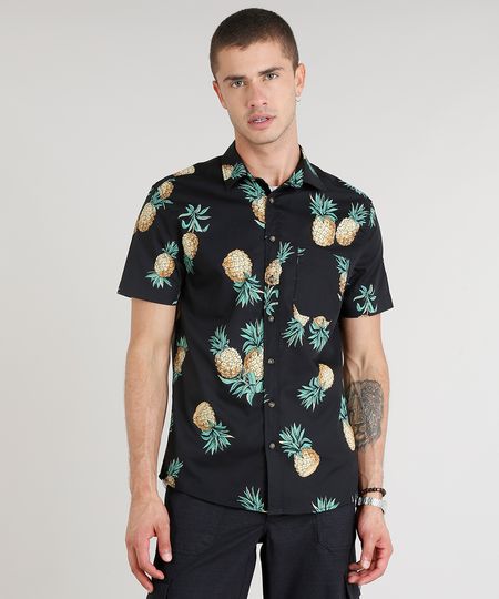 Camisa-Masculina-Estampada-de-Abacaxis-Manga-Curta-Preta-9250498-Preto_1