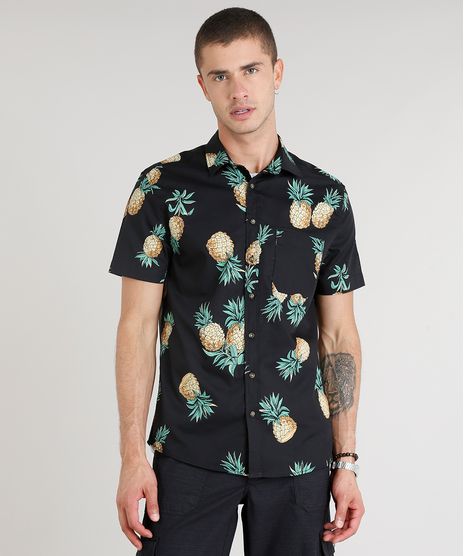 Camisa-Masculina-Estampada-de-Abacaxis-Manga-Curta-Preta-9250498-Preto_1