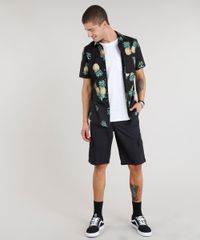 Camisa-Masculina-Estampada-de-Abacaxis-Manga-Curta-Preta-9250498-Preto_3