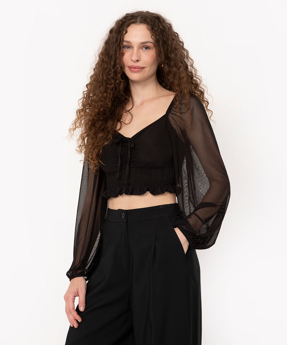 blusa de tule manga longa decote franzido preto