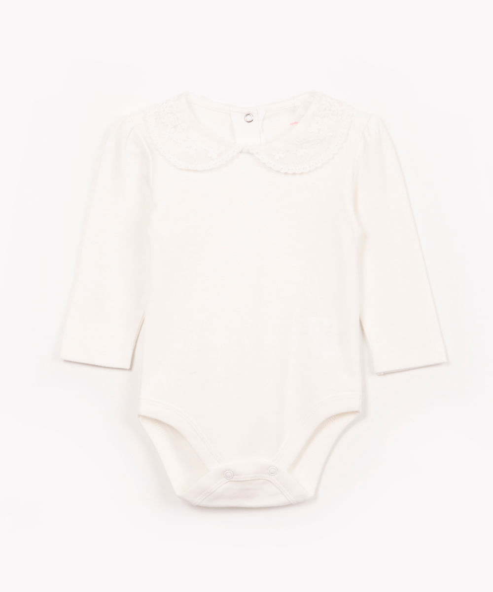 body de algodão infantil com renda manga longa off white