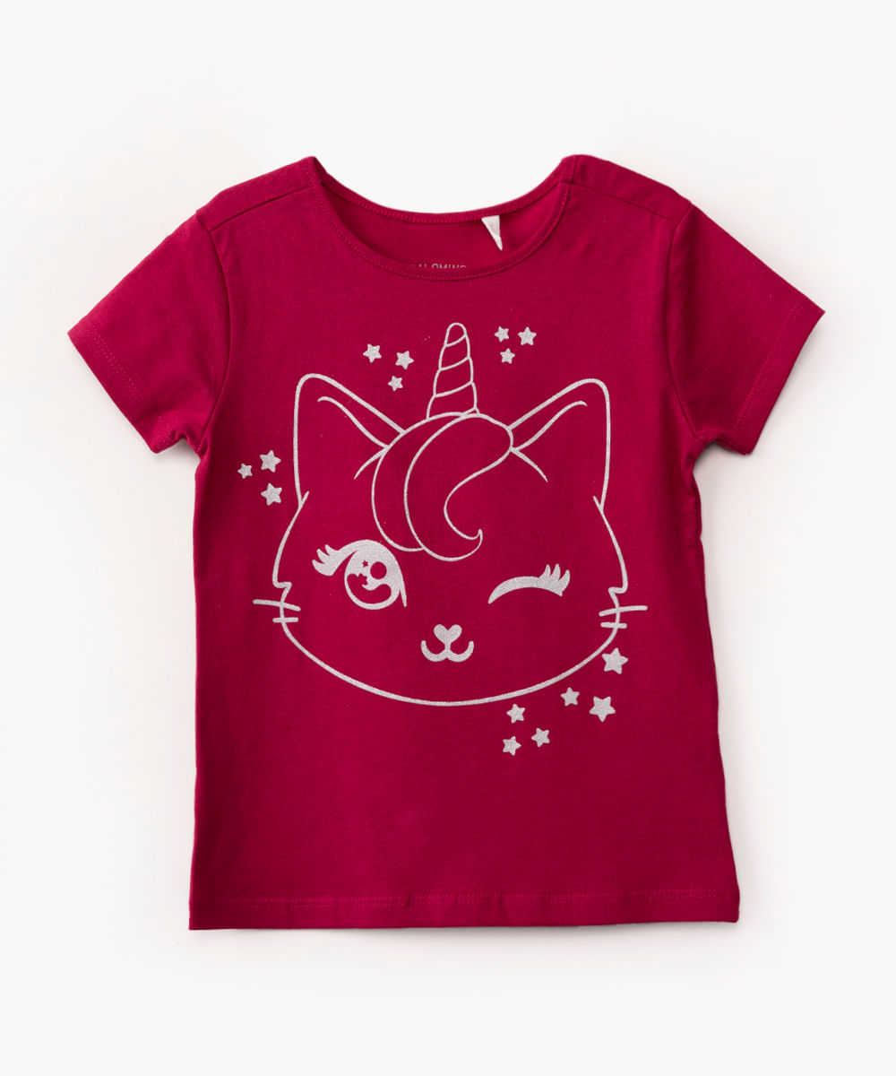 camiseta de algodão infantil gatocornio com glitter manga curta rosa