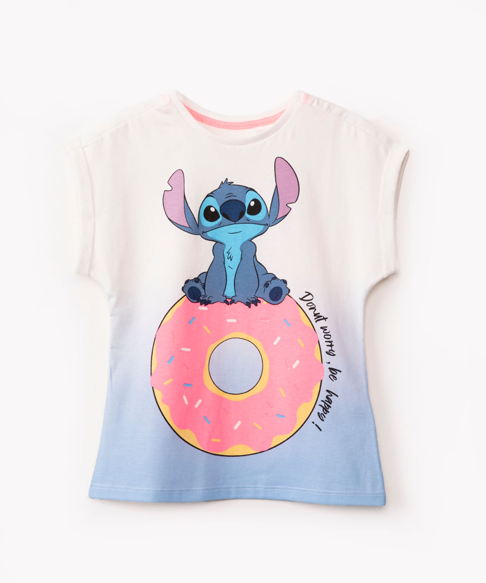 camiseta infantil stitch manga curta azul