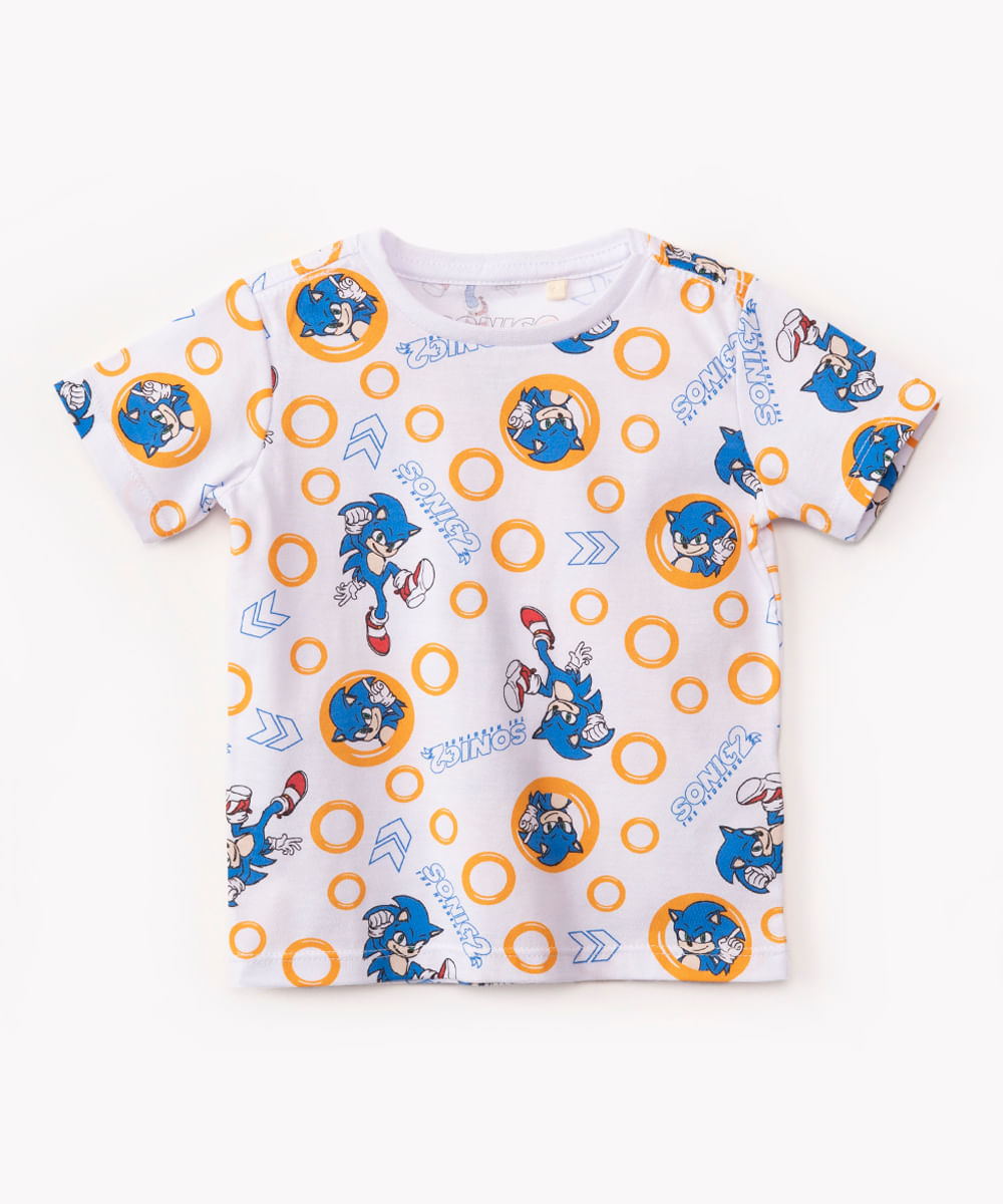 camiseta de algodão infantil Sonic manga curta branco