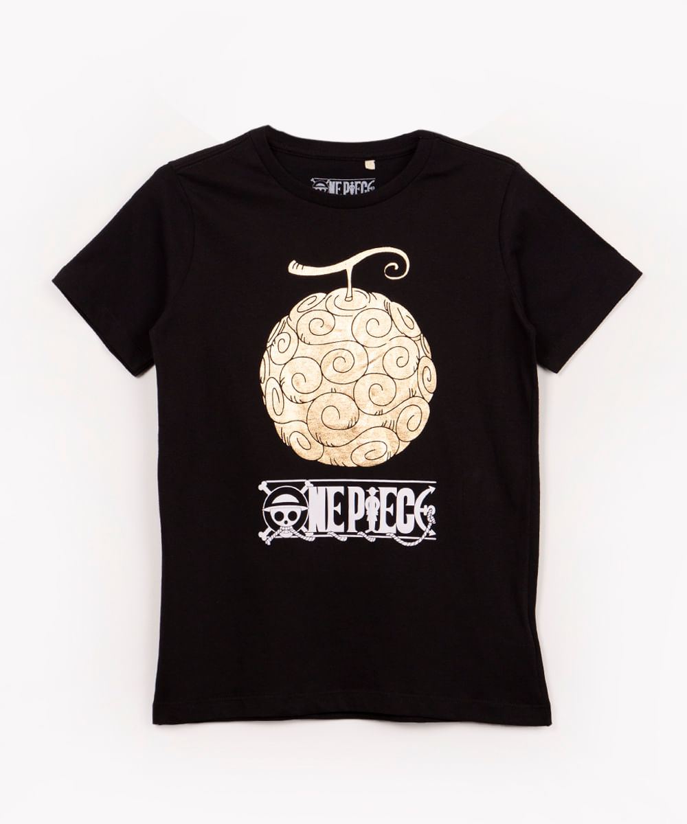 camiseta de algodão juvenil one piece manga curta preta