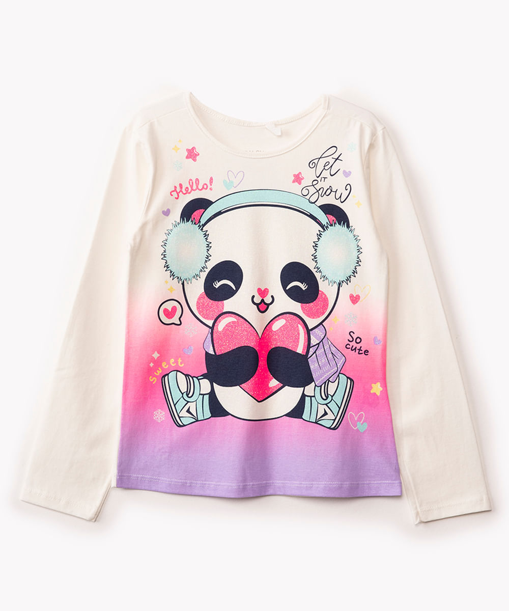 camiseta de algodão infantil panda com glitter manga longa off white