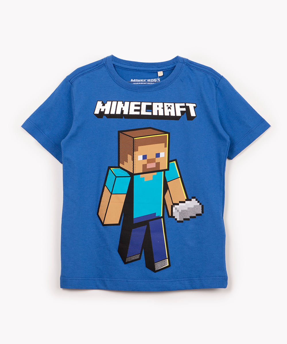 camiseta infantil minecraft manga curta azul