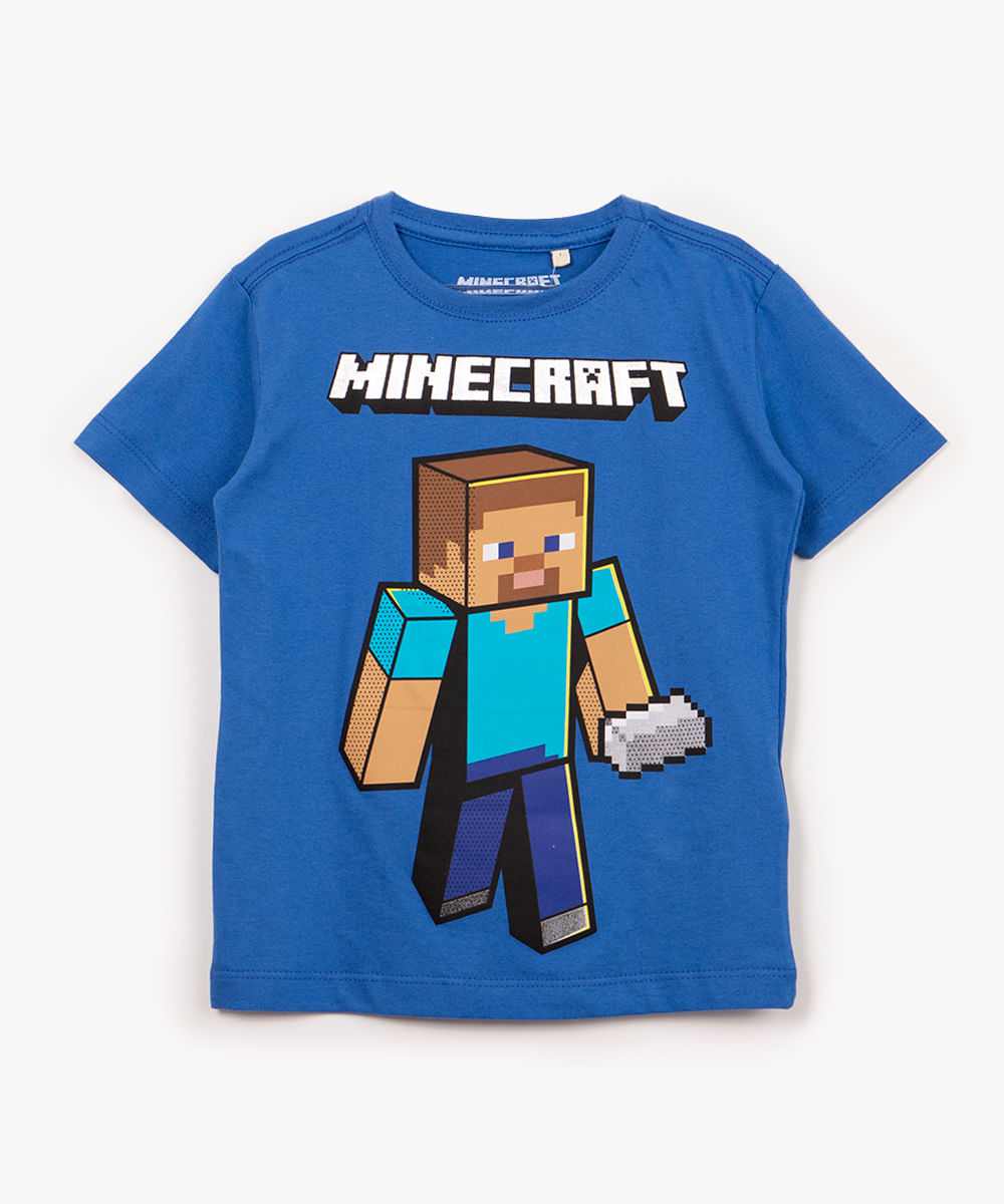 camiseta de algodão infantil minecraft manga curta azul