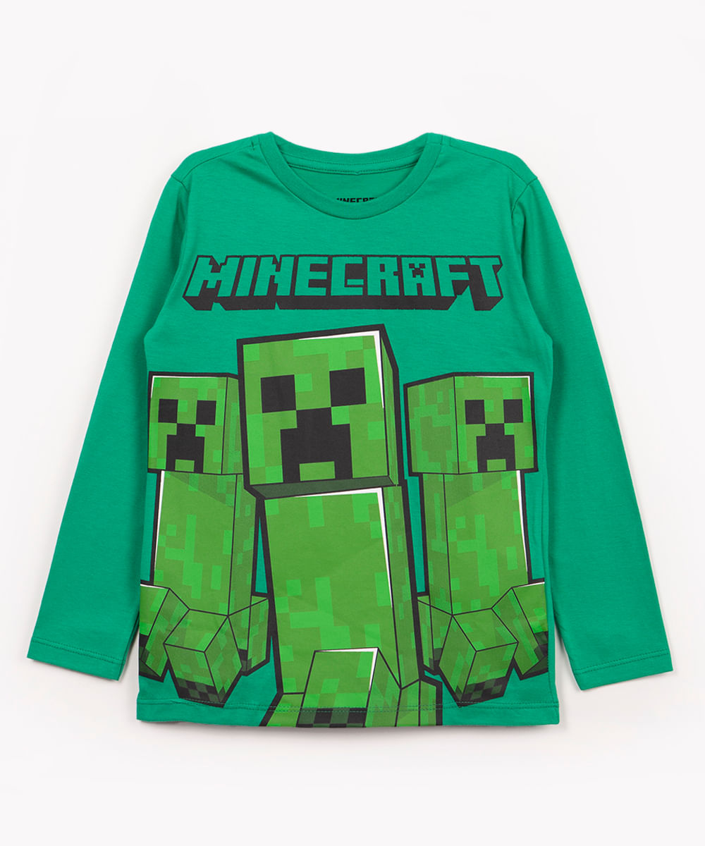 camiseta de algodão infantil minecraft manga longa verde