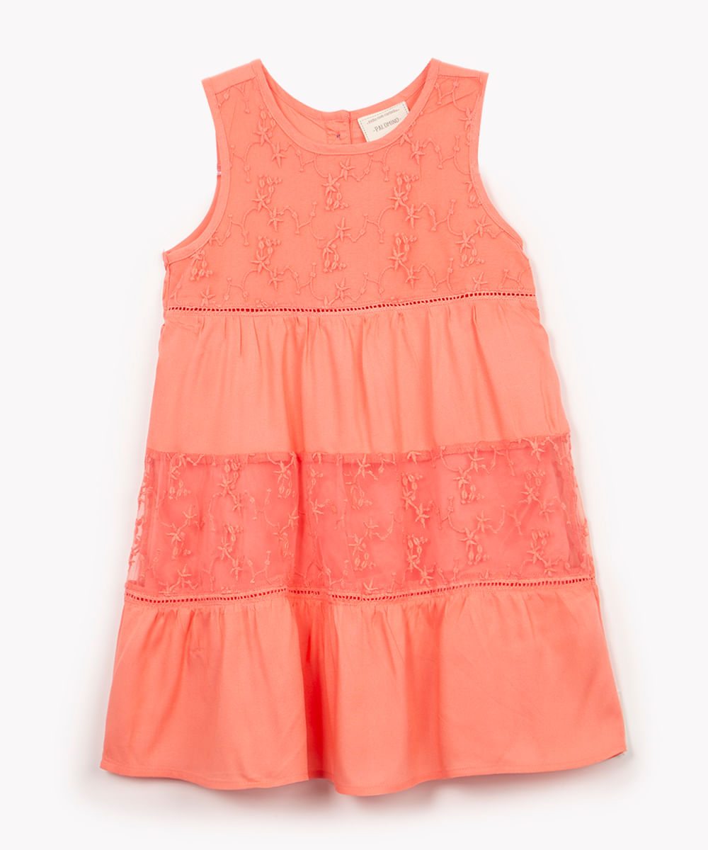 vestido de viscose infantil com tule floral coral