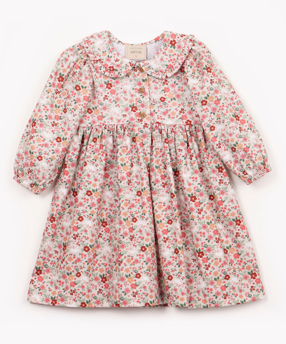 vestido infantil de algodão floral manga longa off white