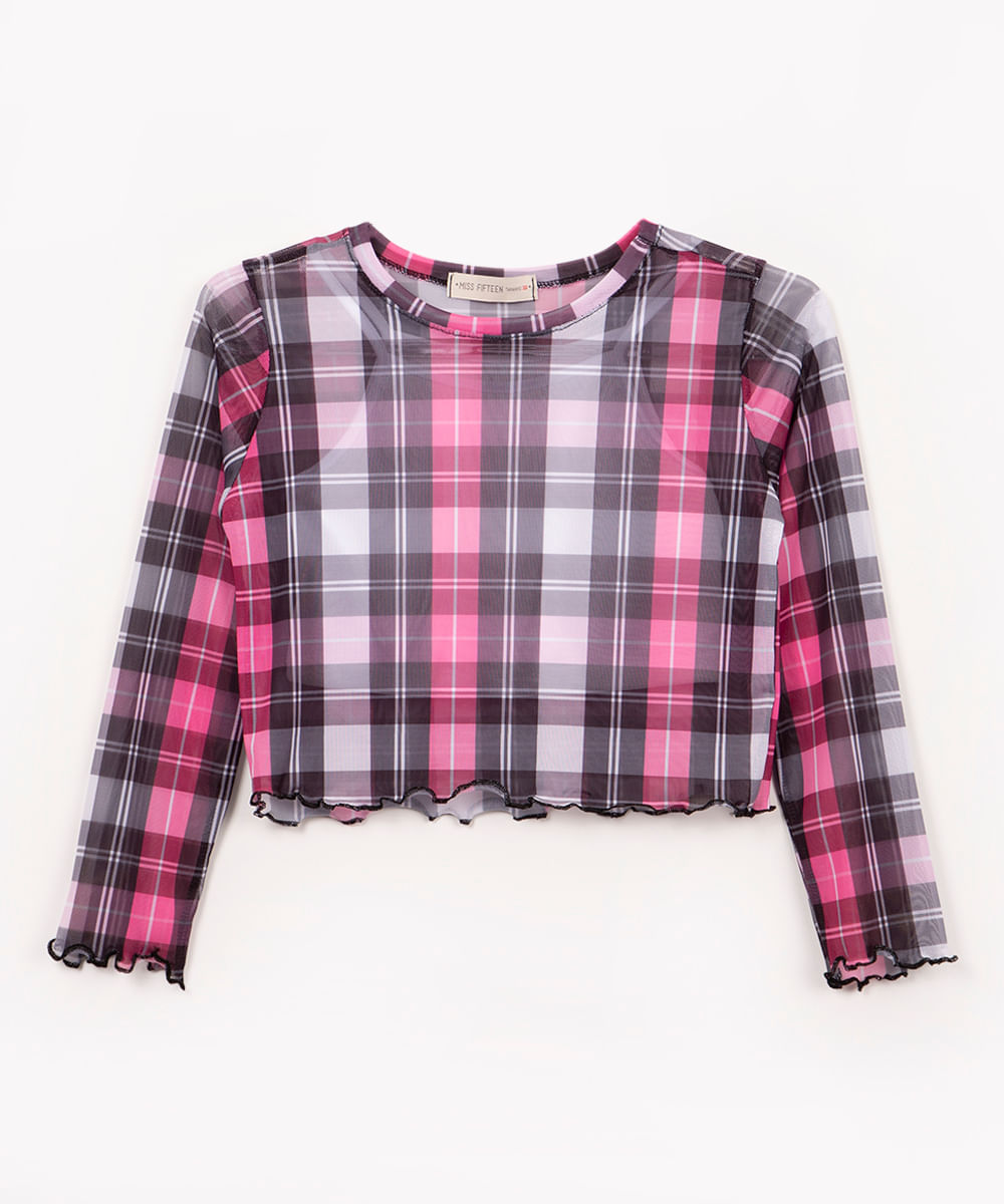 blusa infantil xadrez manga longa rosa