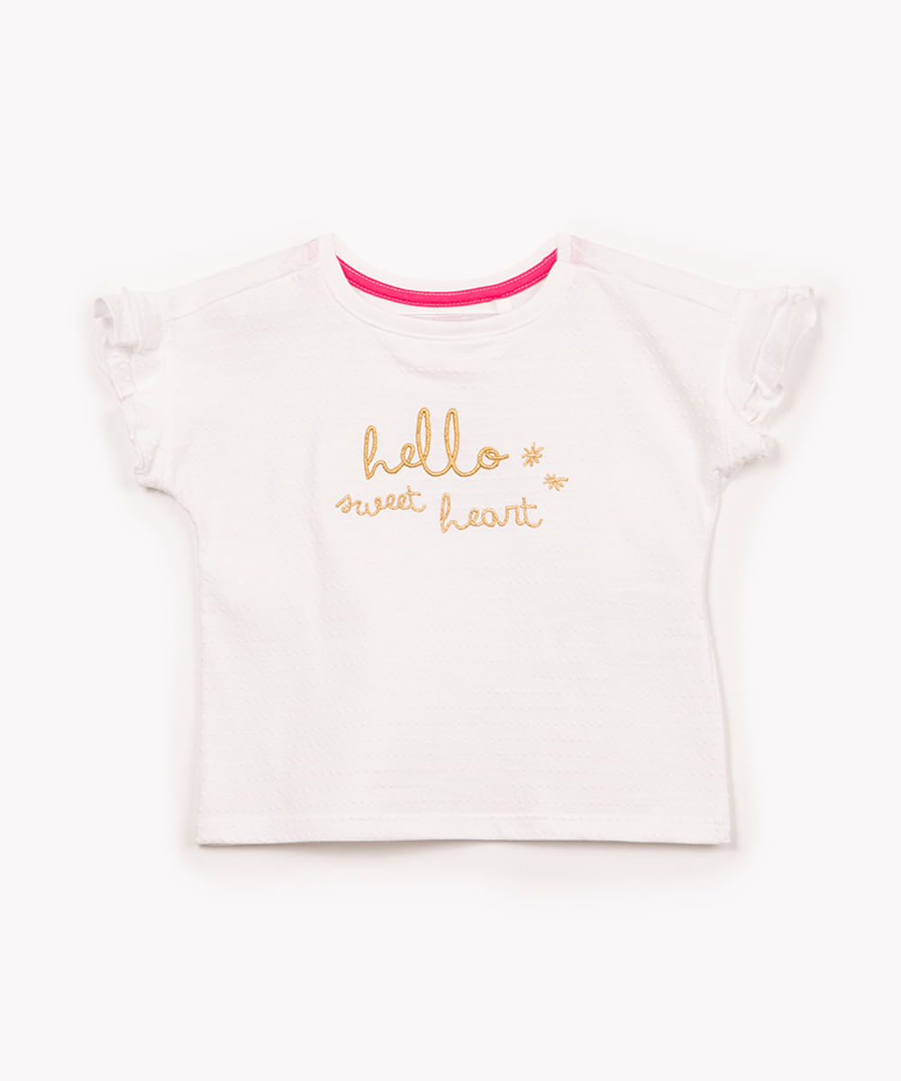 blusa de algodão infantil texturizada manga curta com babado off white