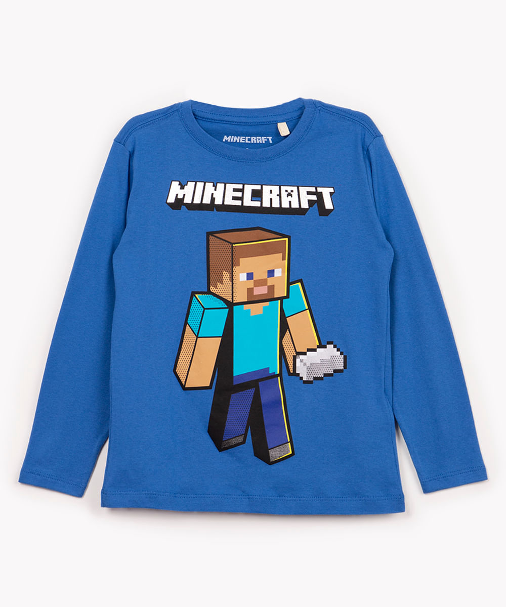 camiseta de algodão infantil minecraft manga longa azul