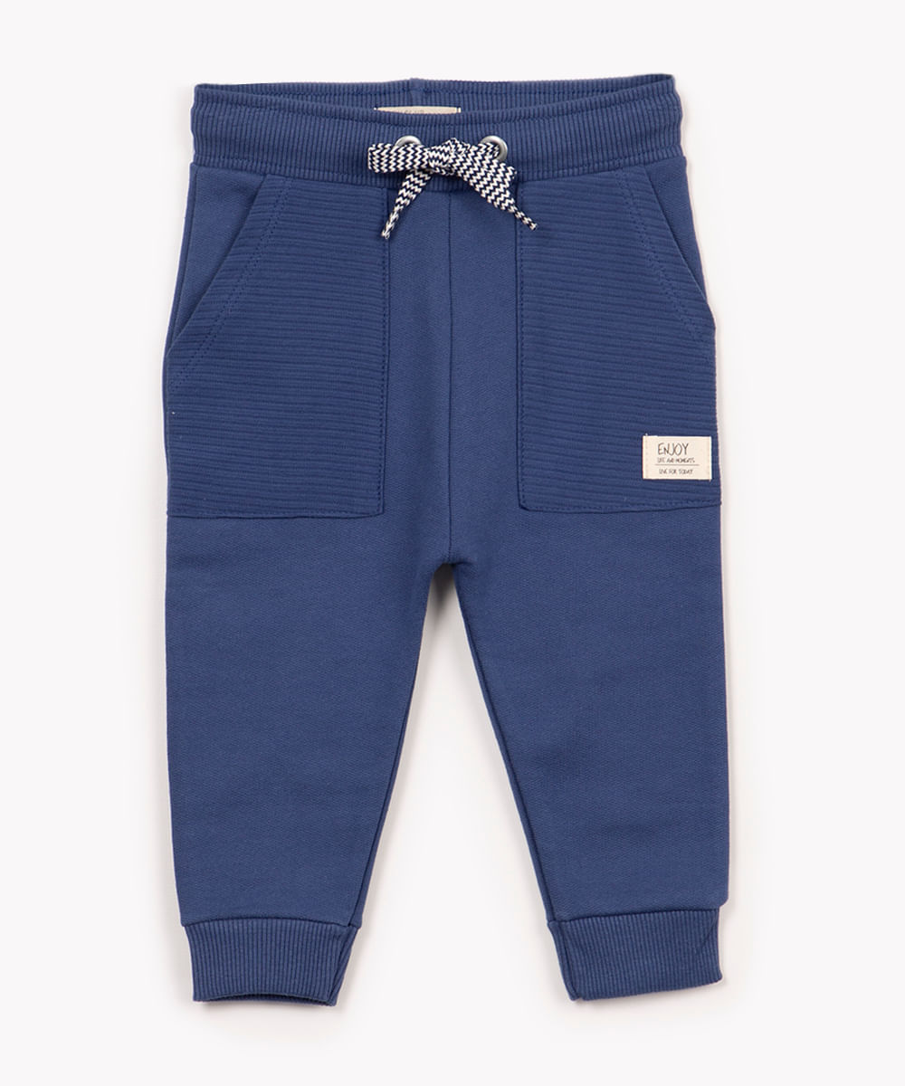 calça de moletom infantil com bolsos e cordão azul médio